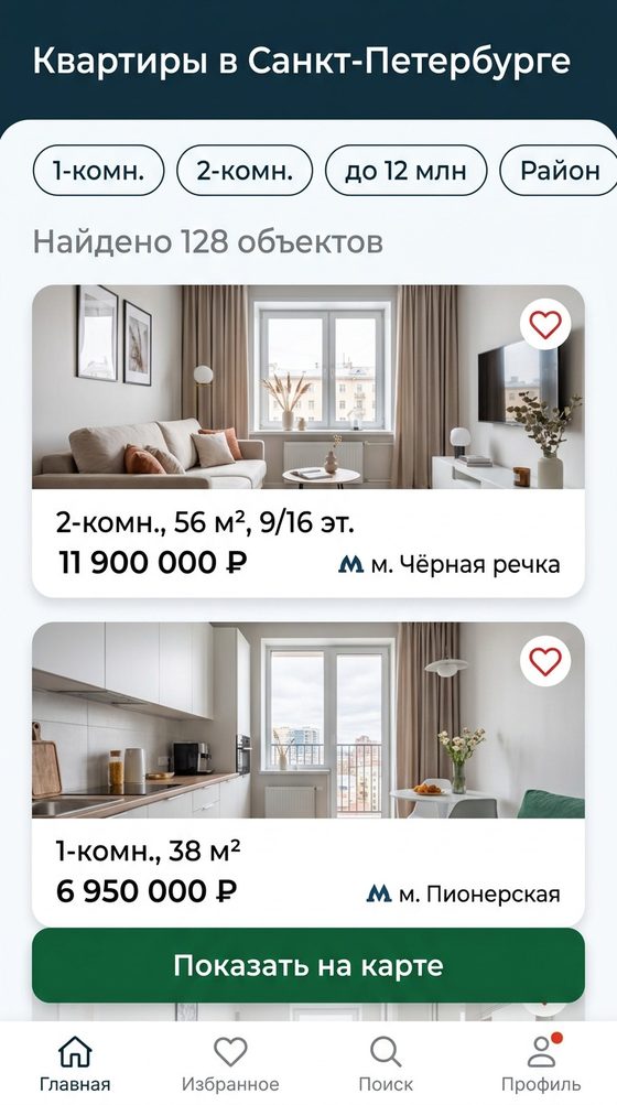 Сайт агентства недвижимости: каталог квартир на телефоне